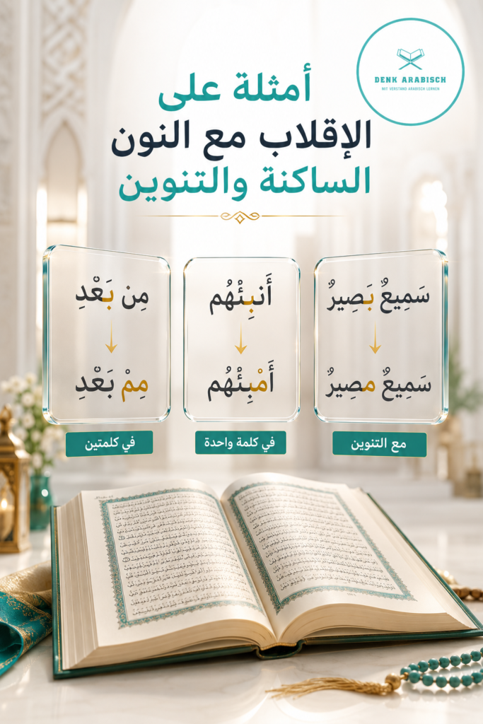 قواعد الإقلاب مع الأمثلة 3 أمثلة على الإقلاب مع النون الساكنة والتنوين