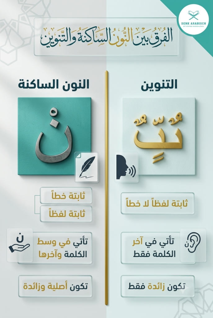 قواعد النون الساكنة والتنوين – الدليل الشامل في التجويد 3 الفرق بين النون الساكنة والتنوين